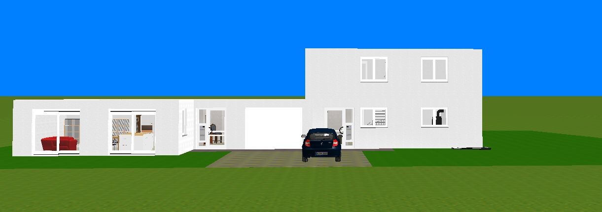 Moderne weiße Wohnhausfront mit Garage, Einfahrt und schwarzem Auto davor auf grünem Rasen.