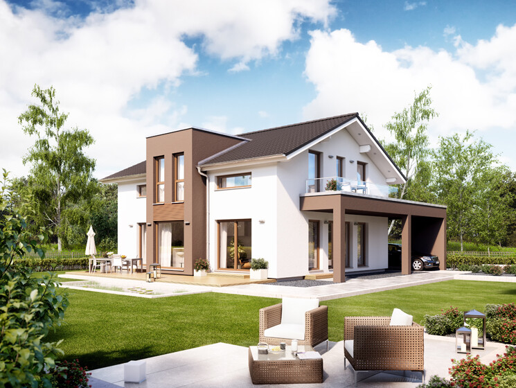 Moderne zweistöckige Villa mit Carport, Terrasse, Garten und Sitzbereich.