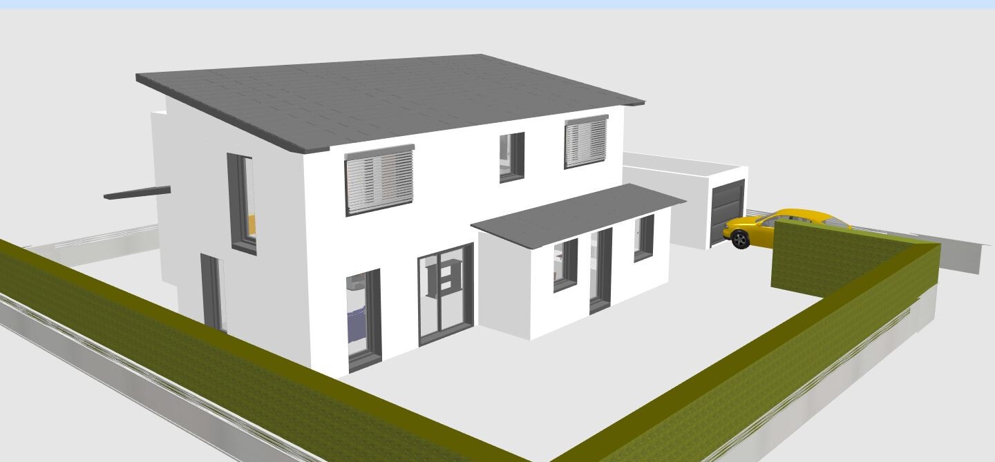 Moderne weiße zweistöckige Haus-Rendering mit grauem Dach, Jalousienfenstern, Garage und gelbem Auto.