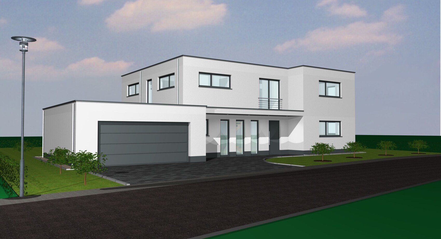 Moderne zweigeschossige Hausfront mit Garage als 3D-Rendering