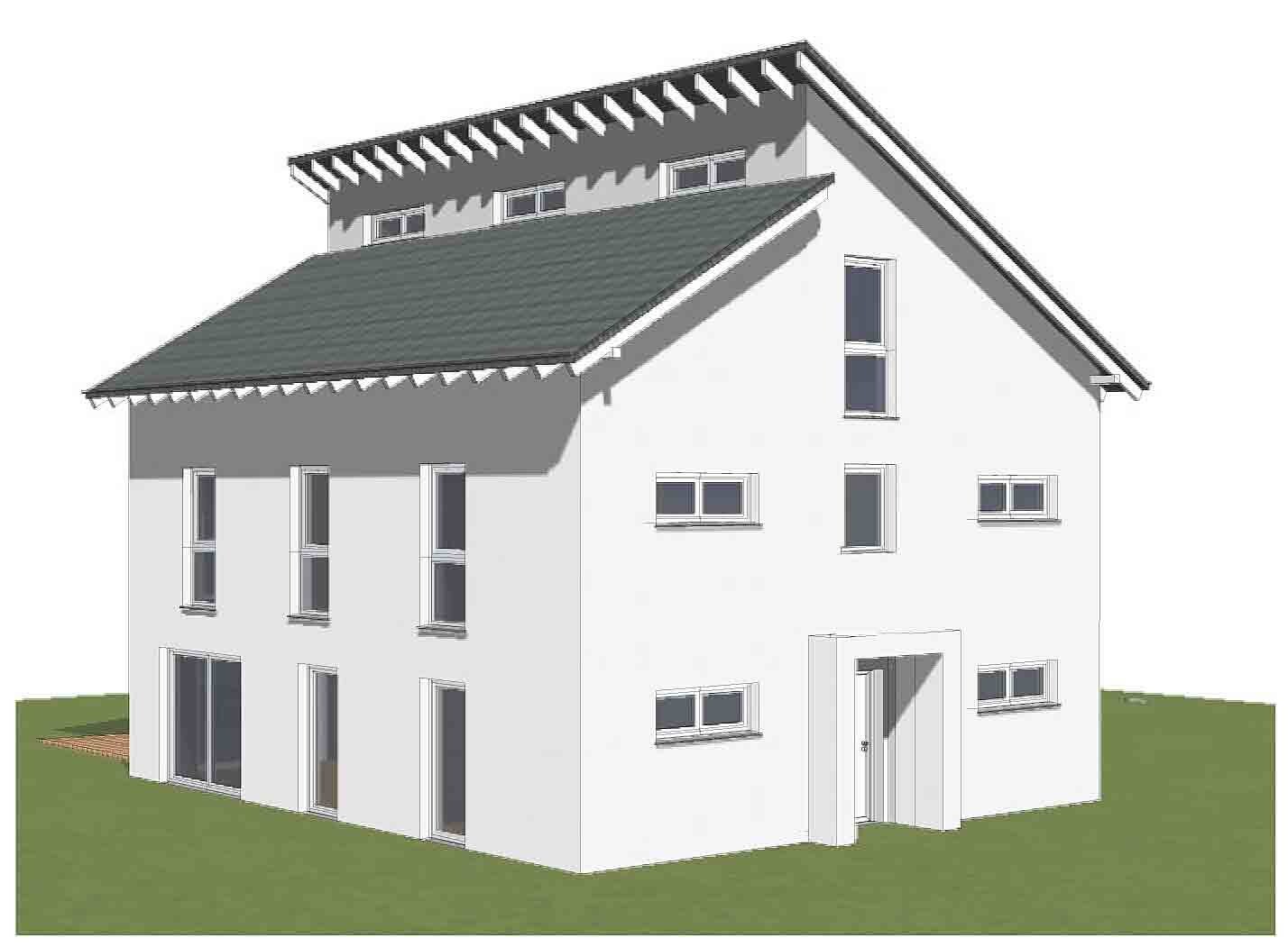 Moderne, zweistöckige weiße Hausfassade mit grauem Dach und vielen Fenstern auf Grünfläche.