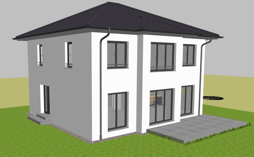 Modernes zweigeschossiges Haus mit weißen Außenwänden, dunklem Dach, großen Fenstern und Terrasse.