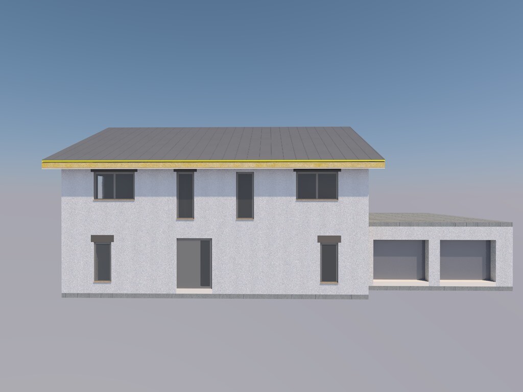 Zweistöckiges Haus mit grauer Fassade, links Satteldach, rechter Garagenanbau mit zwei Toren.