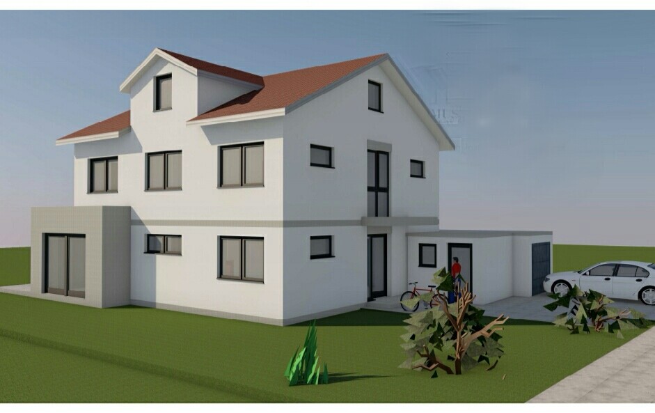 Weißes zweistöckiges Haus mit rotem Satteldach, Garage links, Auto davor und Fahrrad am Eingang.