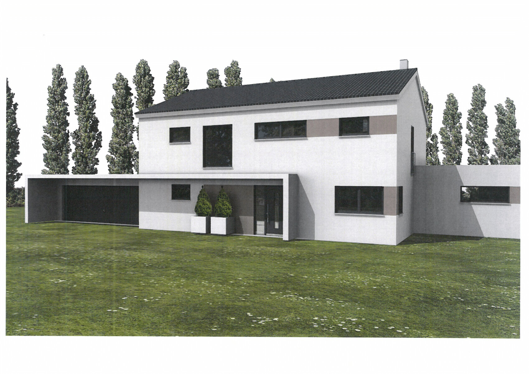 Moderne 3D-Renderung eines weißen, zweigeschossigen Hauses mit Garten und Bäumen.