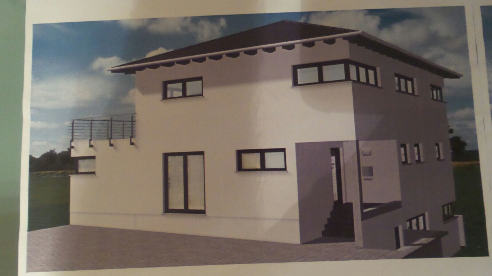 Zweistöckiges modernes Haus in 3D-Außenansicht mit großen Fenstern