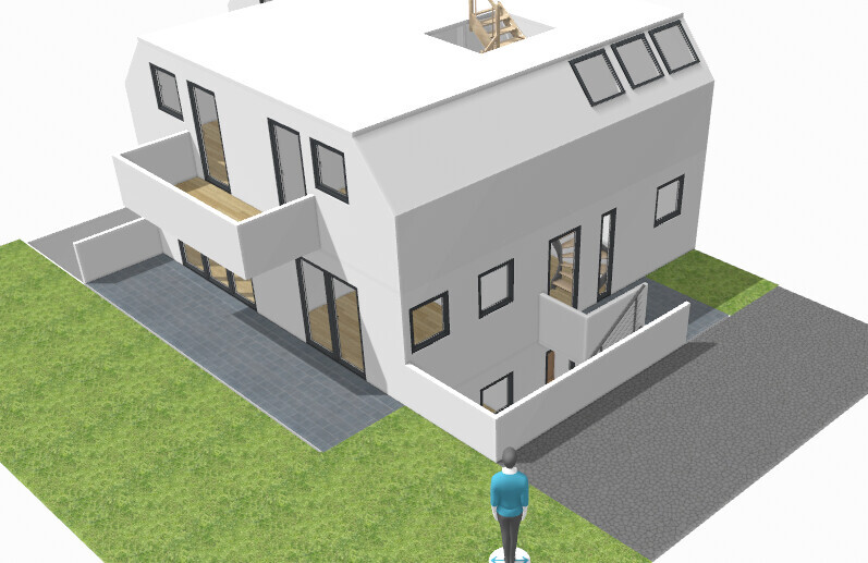 Moderne zweigeschossige weiße Villa mit Balkon, großen Fenstern, Einfahrt und einer Person davor.
