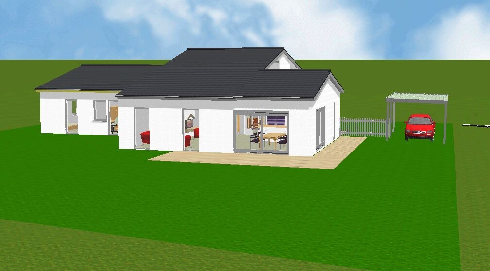 Weißes Einfamilienhaus mit dunklem Dach, großer grüner Rasen, Terrasse und rotes Auto am Carport