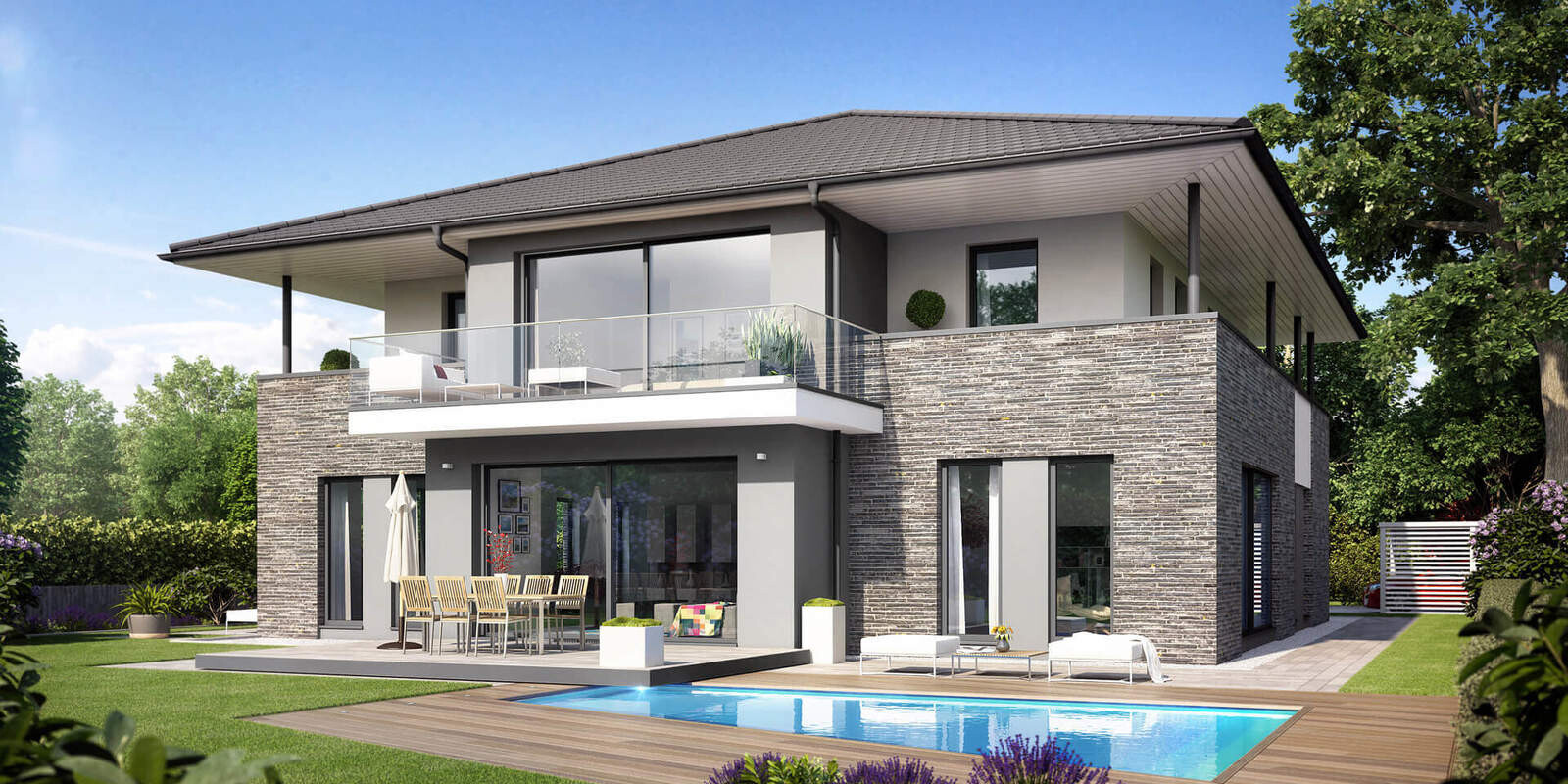 Moderne, zweigeschossige Villa mit Steinfassade, Terrasse, Balkon und Swimmingpool.