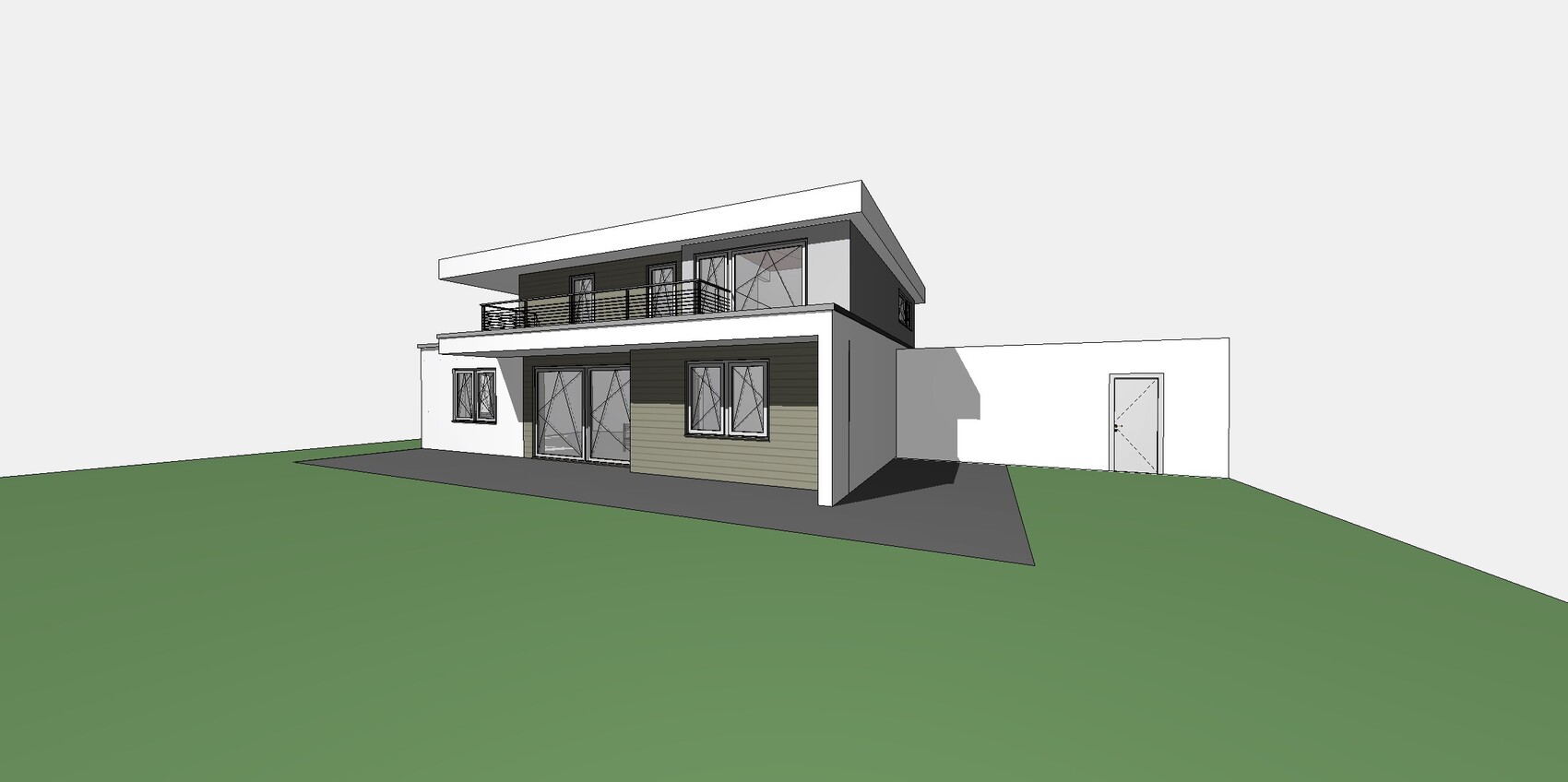 Modernes zweigeschossiges Haus mit Flachdach, Balkon, großen Fensterfronten, grauer Zufahrt und Grünfläche.