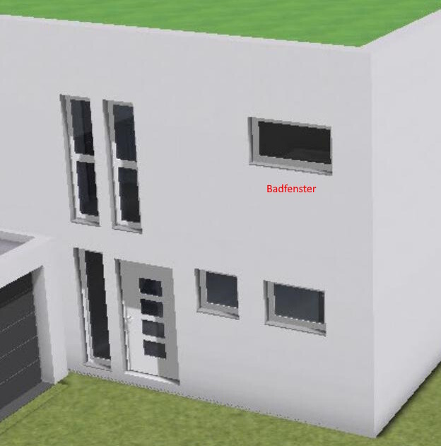3D-Rendering eines modernen weißen Hauses mit Eingangstür, mehreren Fenstern; roter Text 'Badfenster'.