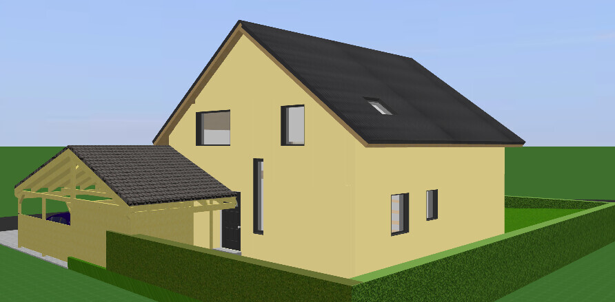Zweistöckiges gelbes Haus mit dunklem Satteldach, Carport links und grüne Hecke.
