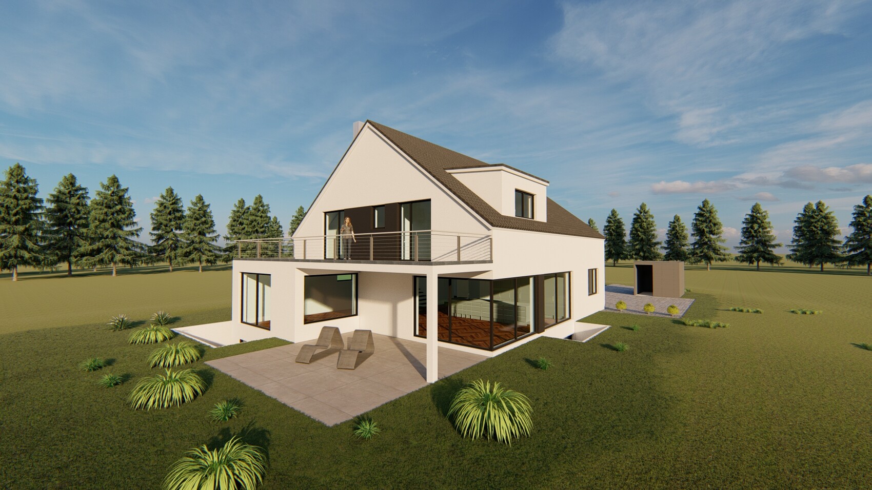 Modernes weißes Einfamilienhaus mit Balkon, Terrasse und Garten, Person auf dem Balkon.