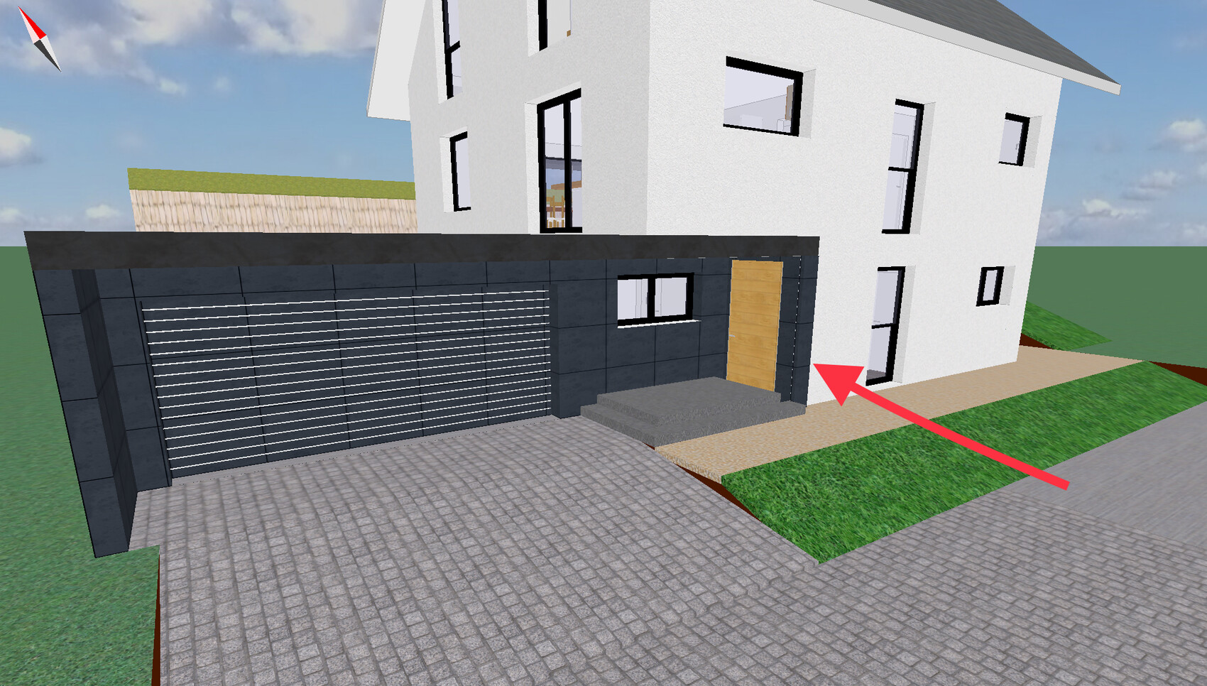 3D-Rendering eines modernen Hauses mit Garage und Eingangstreppe