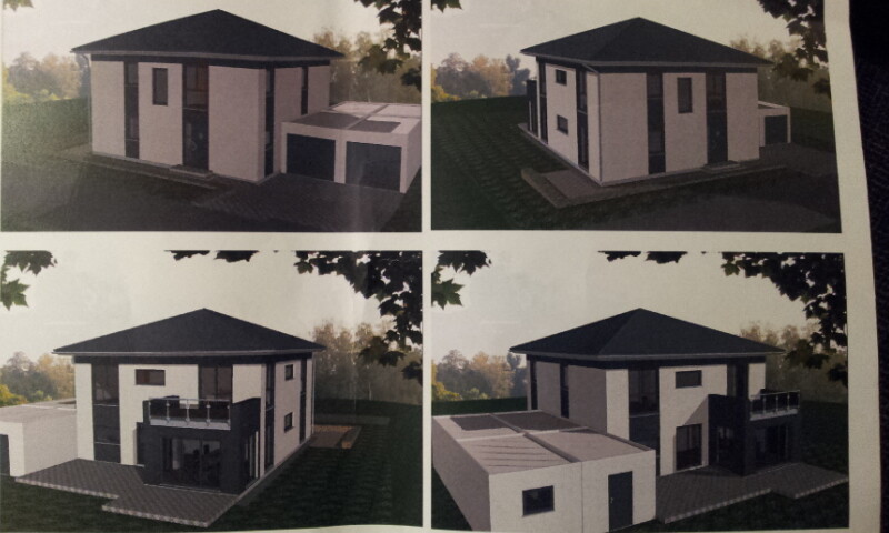 Vier Perspektiven eines modernen Einfamilienhauses mit Garage.