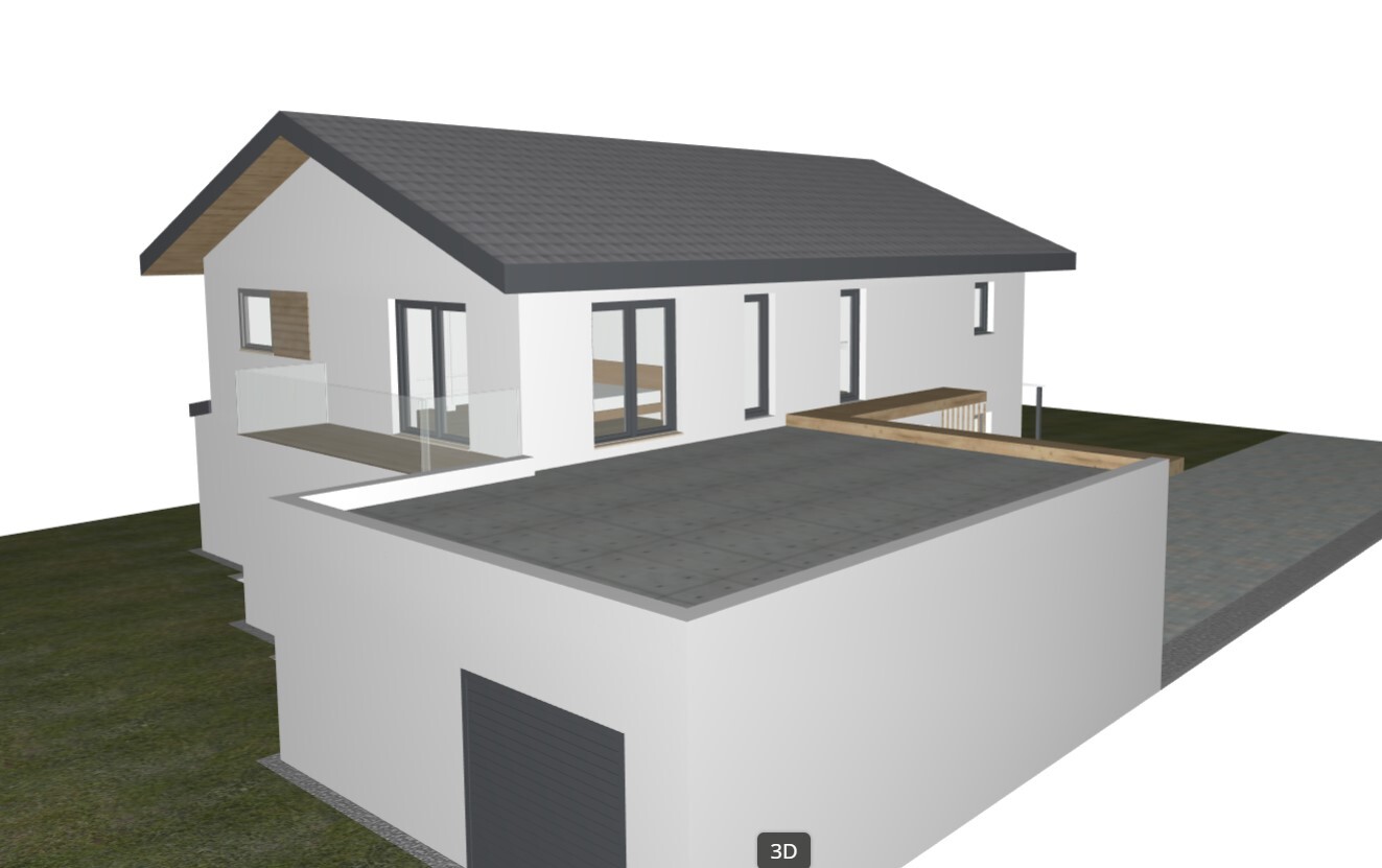 Modernes zweistöckiges Einfamilienhaus mit Flachdach, Glasbalkon, Terrasse und Garage