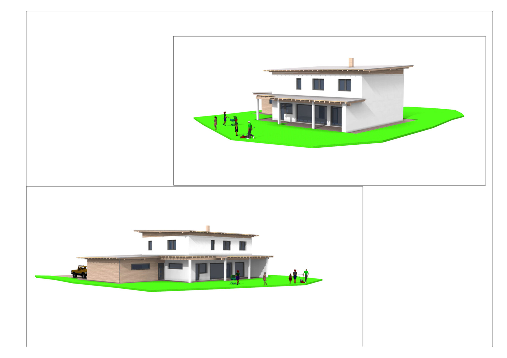 Zweigeteilte Renderings eines modernen Einfamilienhauses auf grünem Grundstück mit Menschen.