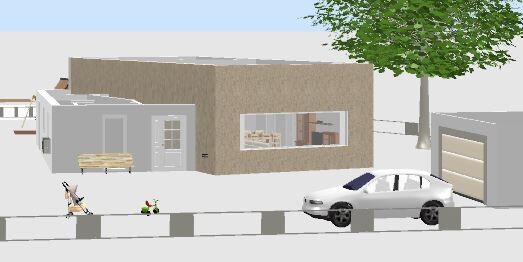 Moderne Straßenszene: Auto, ein kleines Gebäude, Baum, Pfostenreihe und Kinderwagen.