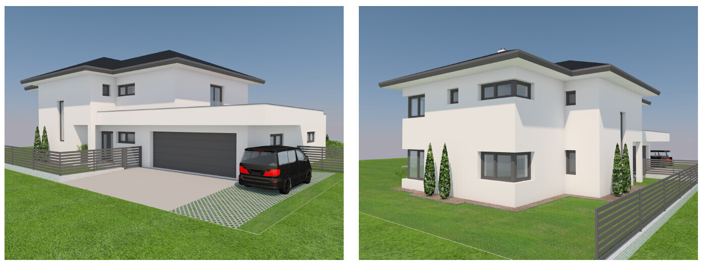 Zwei Perspektiven eines modernen weißen Hauses mit Garage, Auto, Garten und Zaun.