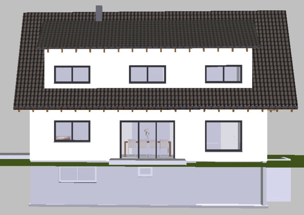 Modernes zweistöckiges Haus mit weißer Fassade, dunklem Dach und großen Glasfenstern.