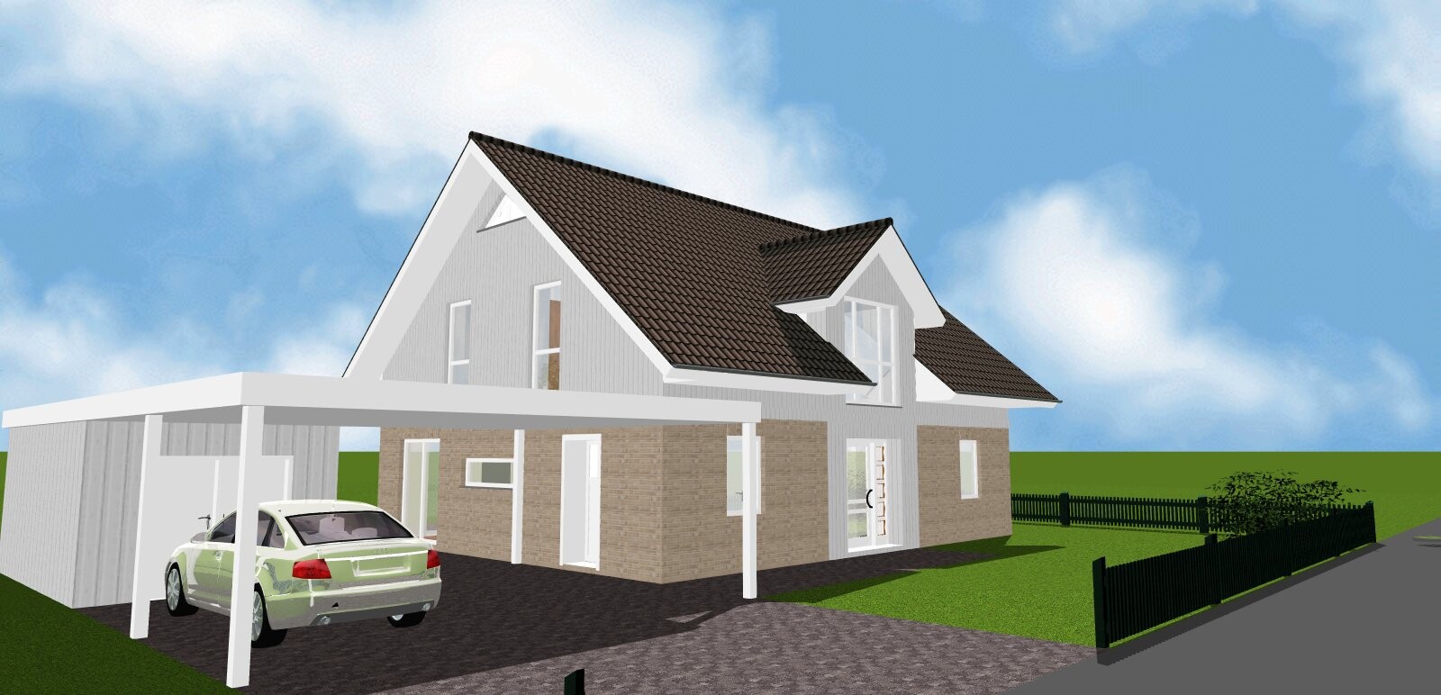 Moderne zweistöckige Villa mit Carport, Auto, Grünfläche und Zaun vor blauem Himmel.