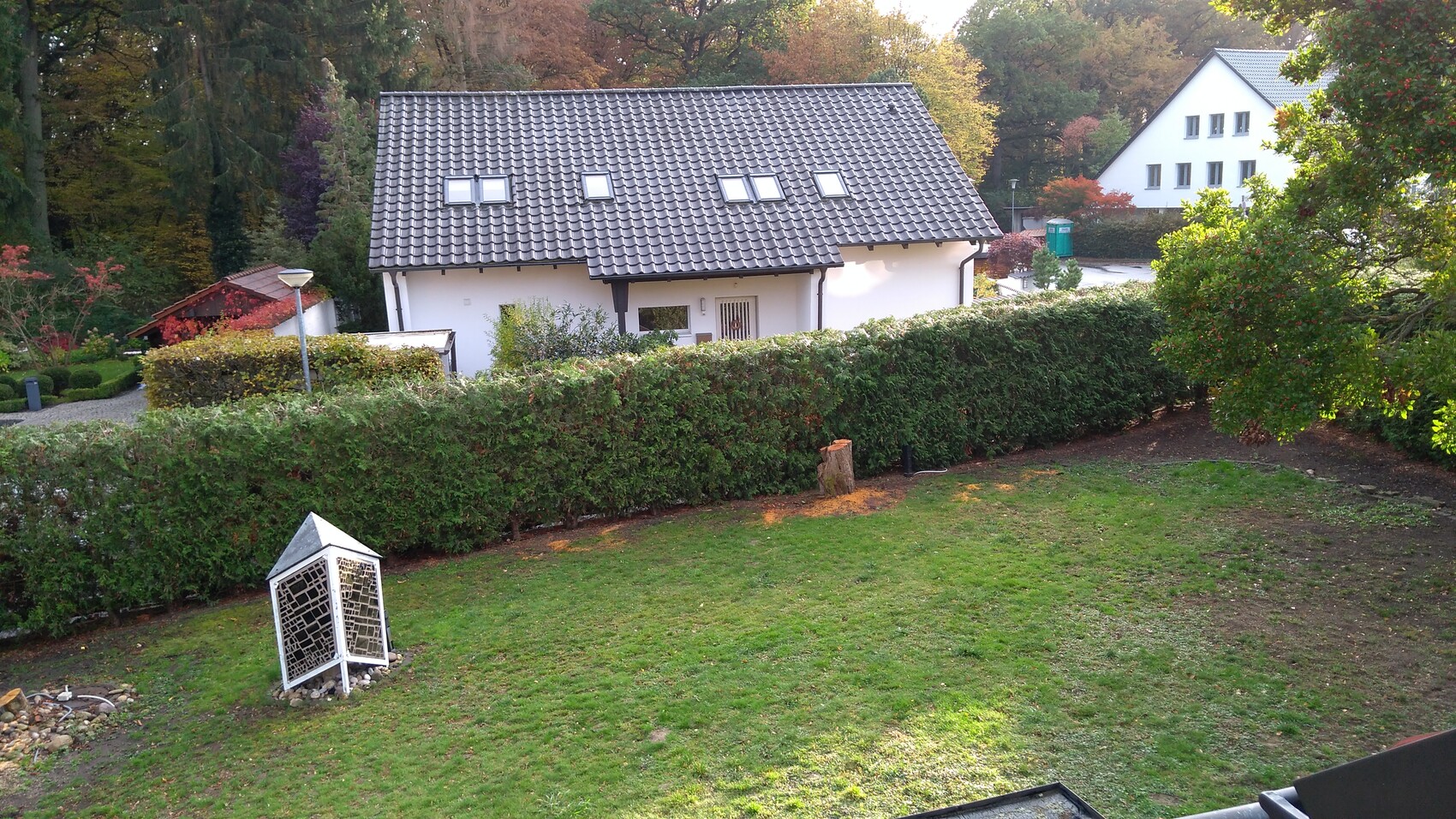 Zwei weiße Häuser mit dunklem Dach hinter einer hohen Hecke; Garten mit Rasen und Herbstbäumen.