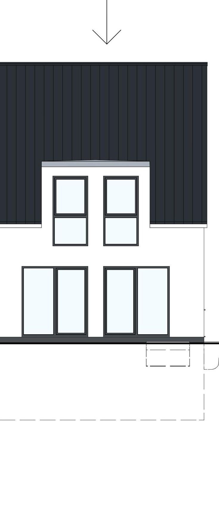 Moderne Hausfassade mit dunklem Dach, weißen Wänden und großen Fensterfronten im Erdgeschoss.