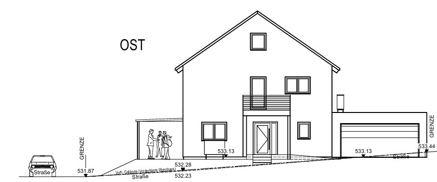 Linienzeichnung eines zweistöckigen Hauses mit Garage; Straßenszene und Gruppe von Personen.