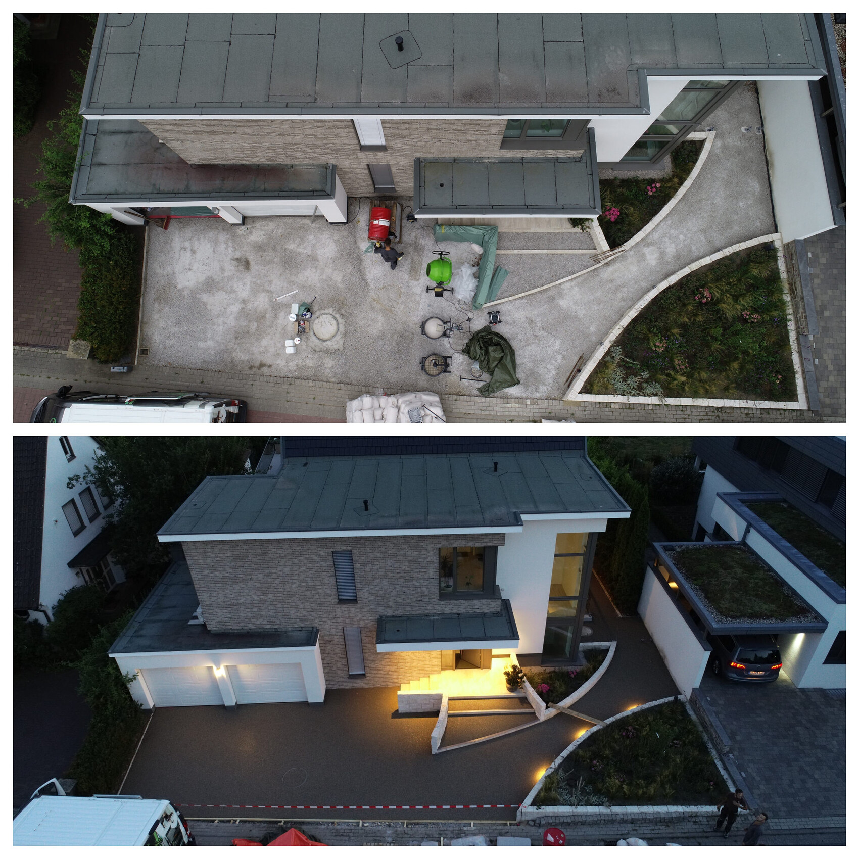 Luftaufnahme eines modernen Hauses: obere Baustelle mit Geräten, unten beleuchteter Eingang.