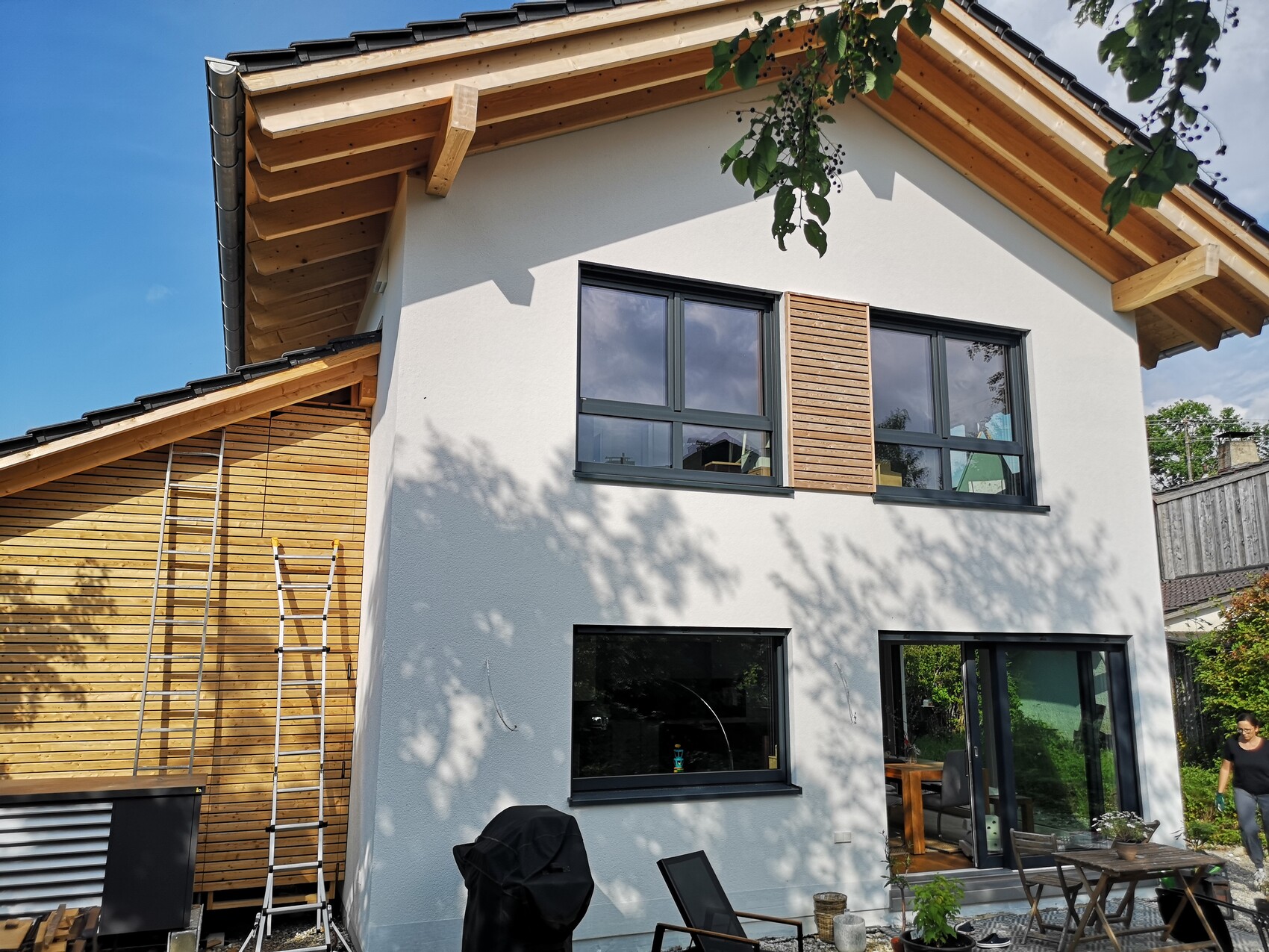 Modernes Haus mit weißer Fassade, Holzverkleidung, großen Fenstern, Leiter an der Wand, Garten.