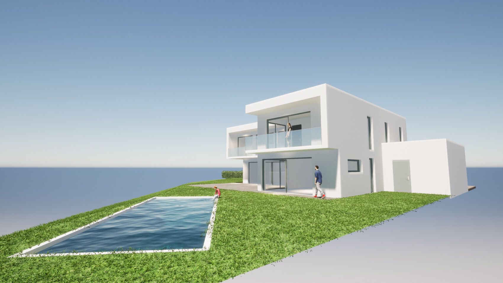 Moderne weiße Villa am Meer mit Glasbalustrade, Garten, Pool und mehreren Personen.