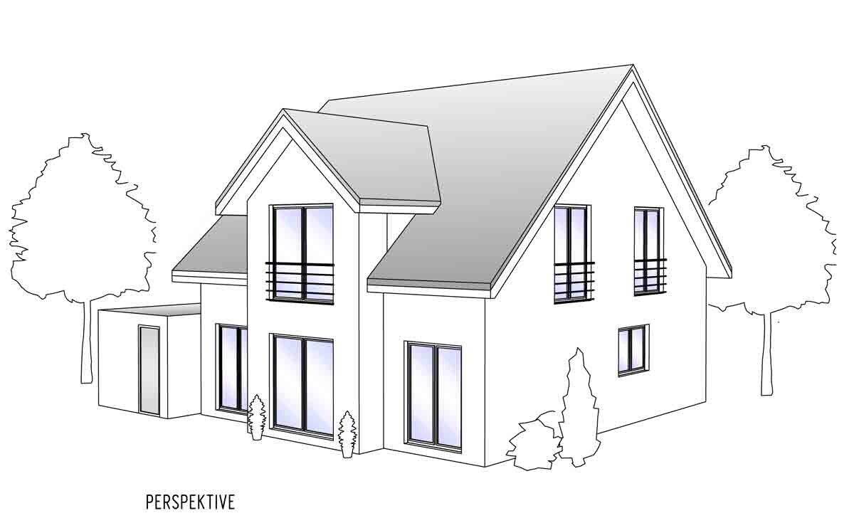 Ansicht eines modernen Einfamilienhauses in Perspektive mit großen Fenstern, Balkon und Gärten.