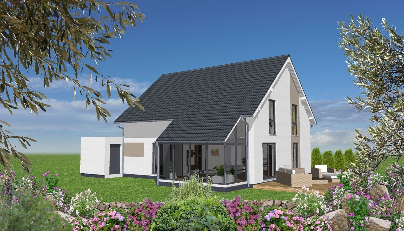 Modernes Einfamilienhaus mit grauem Ziegeldach, Glasveranda und Garten-Terrasse.