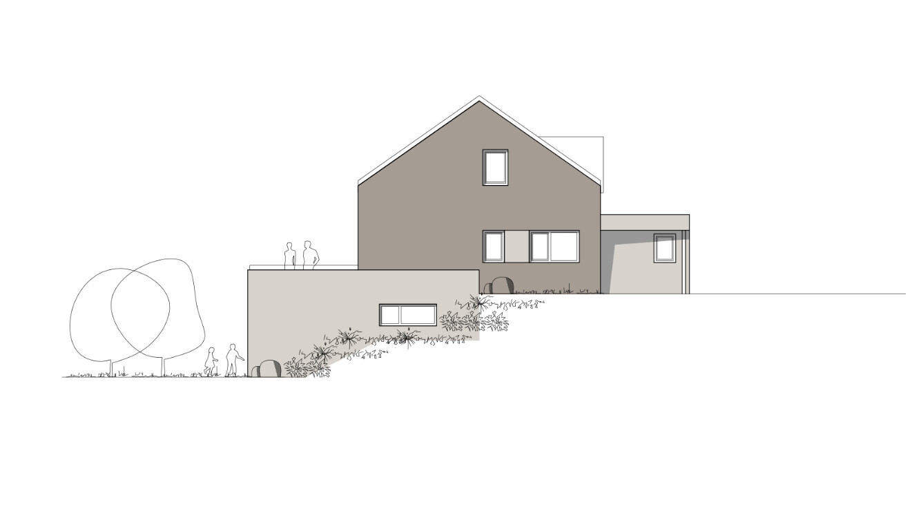 Architekturzeichnung eines Hauses auf Hang mit Terrasse, Fenstern, Pflanzen und Menschen.