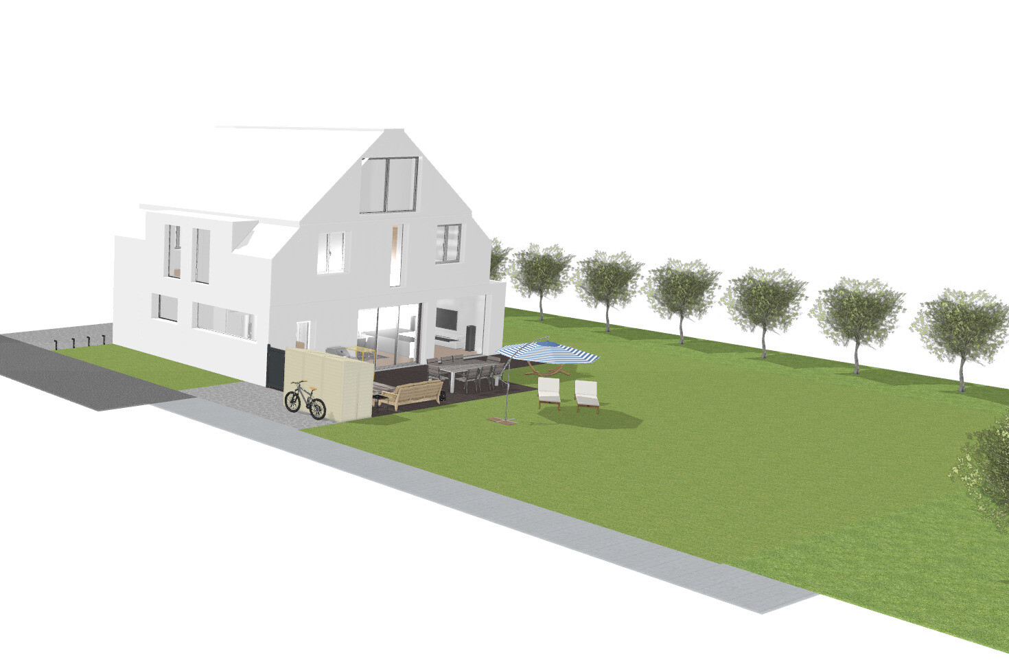 Weißes modernes Haus mit großer Terrasse, Gartenmöbel, Sonnenschirm, Liegen und grünem Garten.