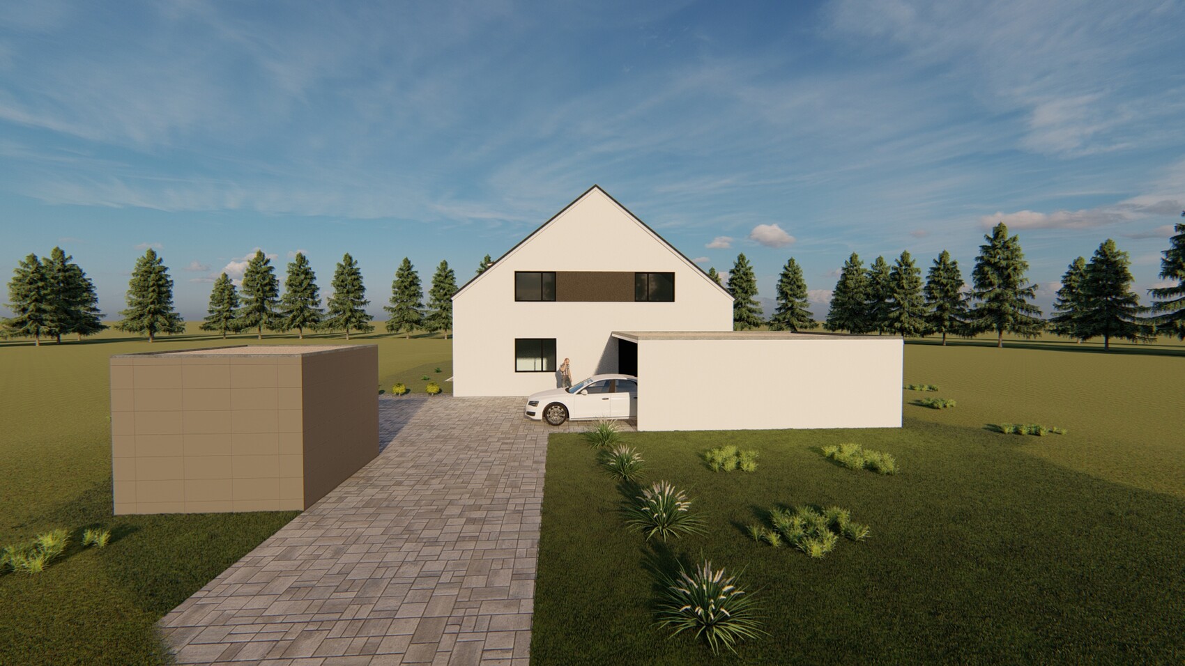 Moderne weiße Hausfront mit Garage, davor Auto; Person am Eingang, Rasen und Baumreihe.