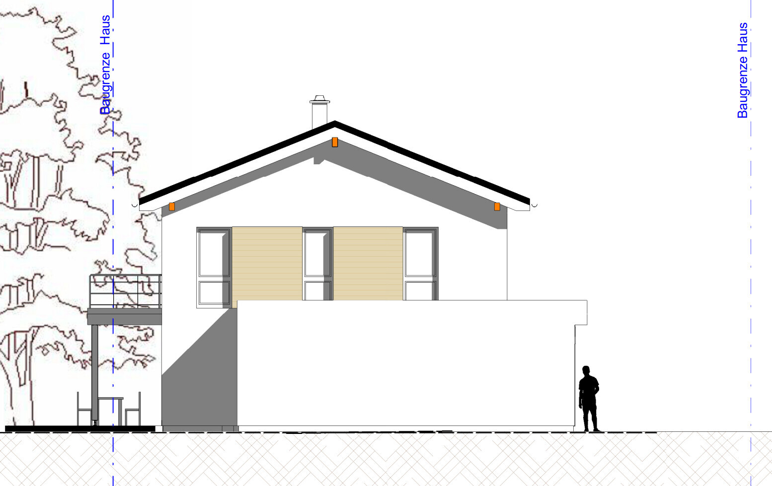 Moderne Wohnhaus-Ansicht mit Satteldach, Holzverkleidung, Terrasse links, Mensch rechts.