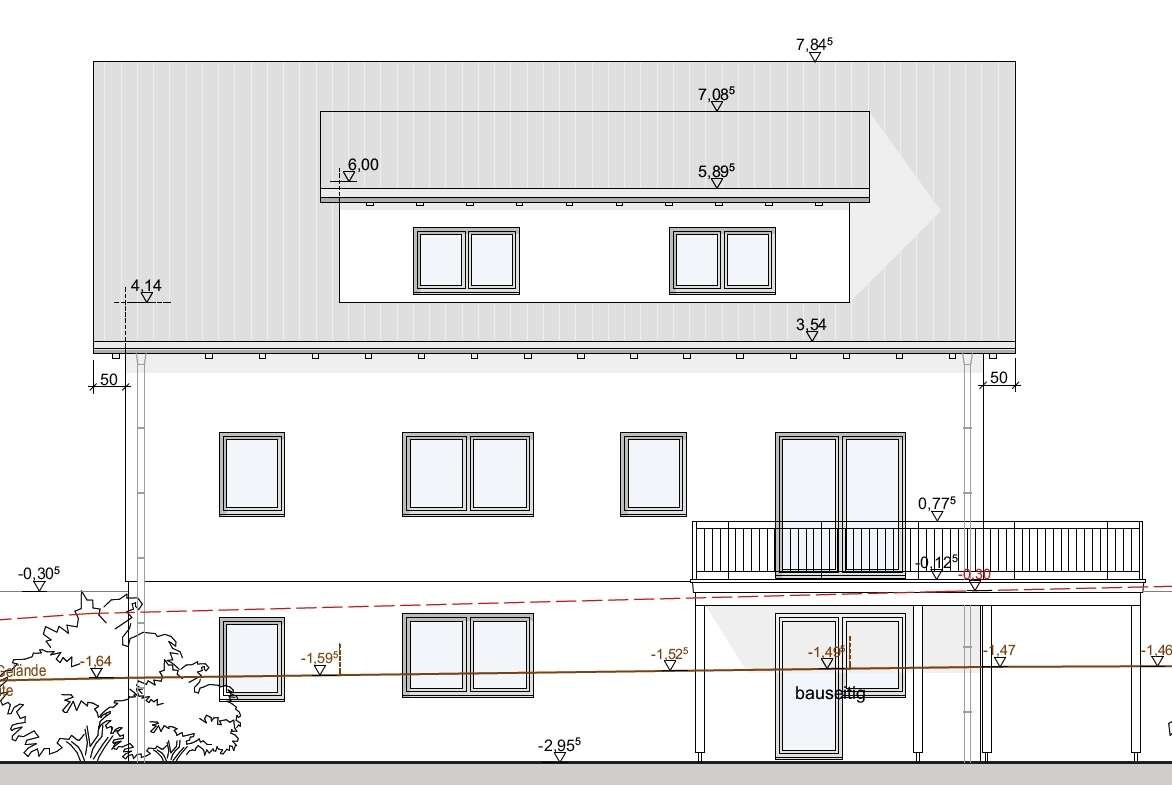 Architekturzeichnung: Frontansicht eines zweistöckigen Hauses mit Balkon und Fenstern.