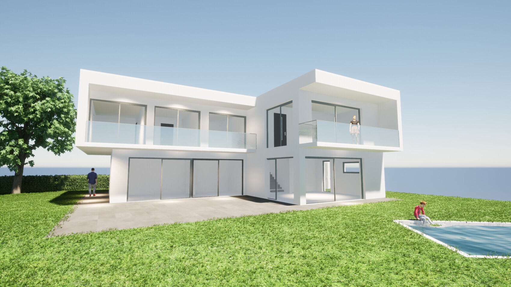 Moderne weiße zweistöckige Villa mit Glasbalkonen, Garten und Pool, zwei Personen im Freien