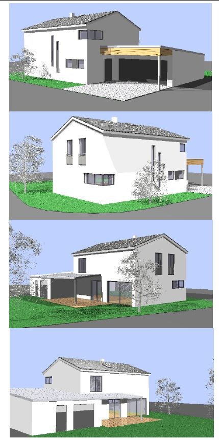Vier Ansichten eines modernen weißen Hauses mit Carport, Garten und Bäumen.