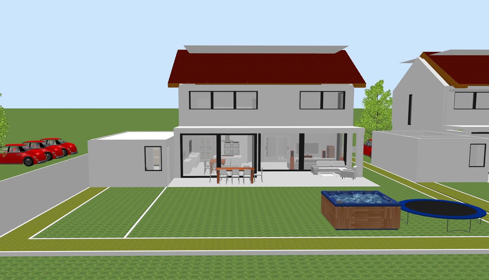 Moderne Doppelhaushälfte mit Terrasse, offener Küche, Garten, Pool, Trampolin und Hot Tub.