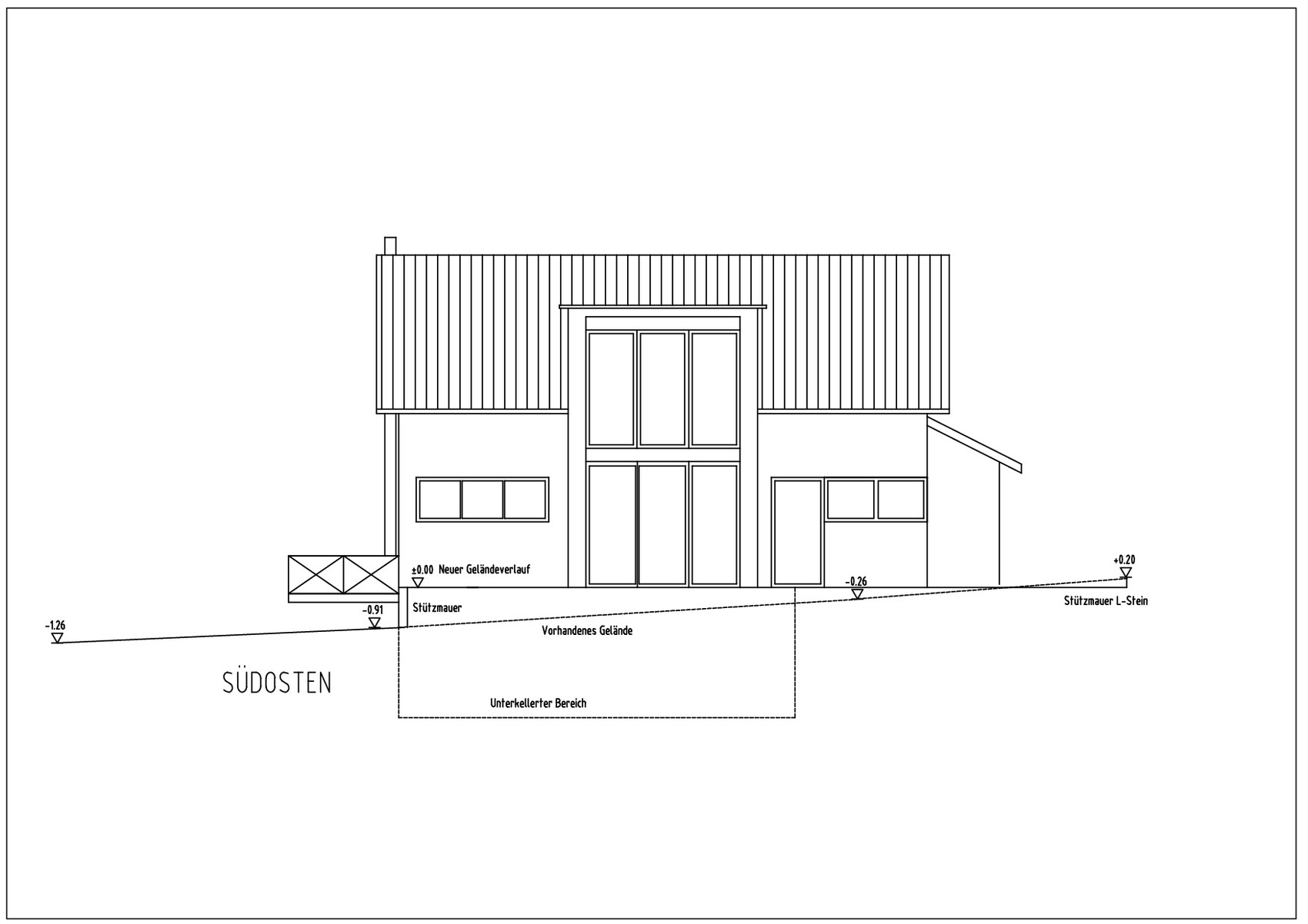 Architekturzeichnung eines modernen Hauses mit Keller, Hanglage und großer Glasfront