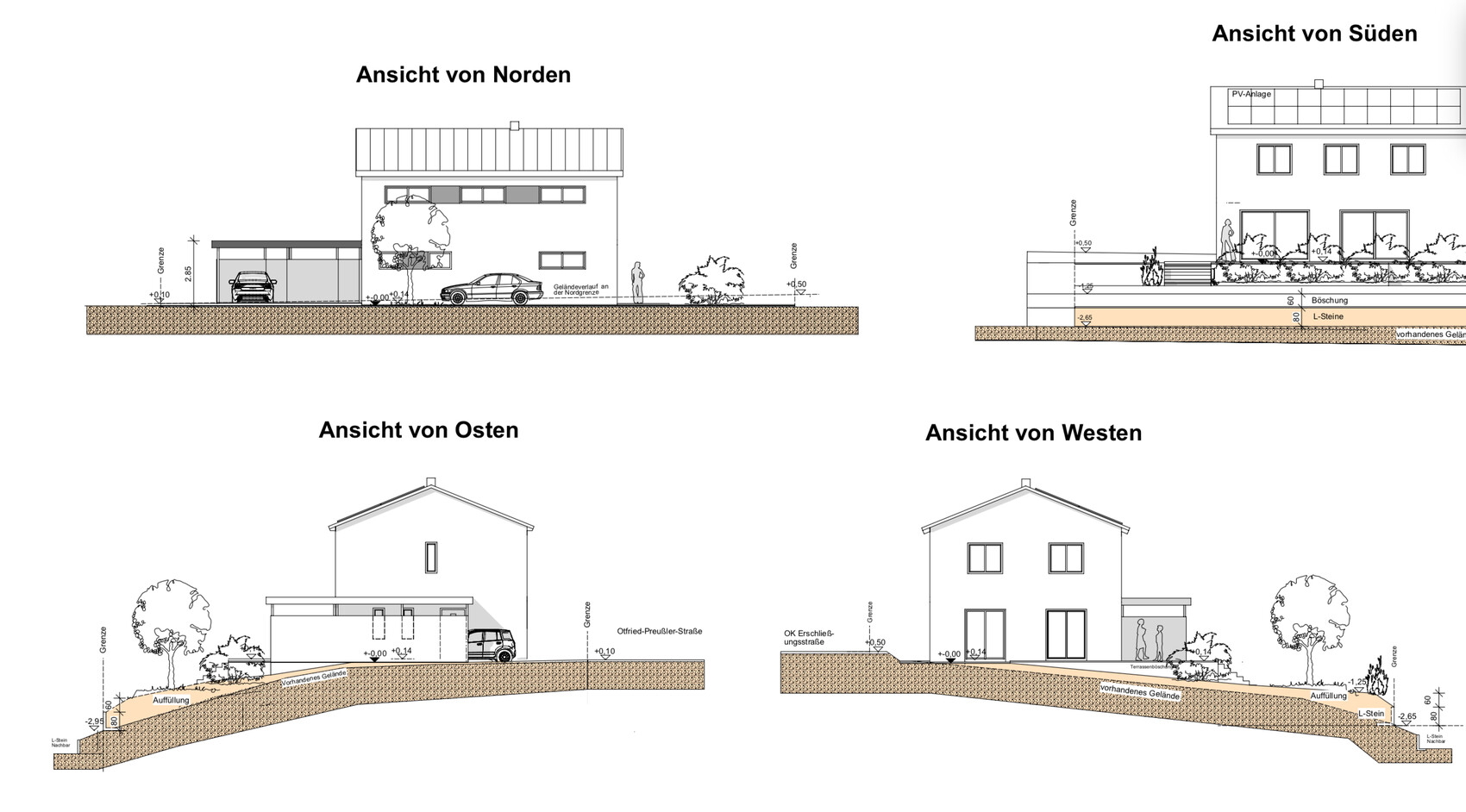 Vier Ansichten eines Hauses (Norden, Osten, Süden, Westen) mit Garage, Autos und Bepflanzung.