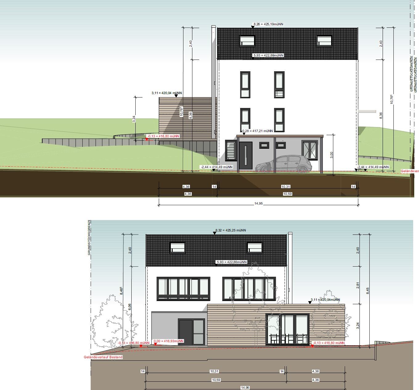 Zweigeschossiges Wohnhaus mit Terrasse, Carport und Hanglage – Architekturzeichnung.