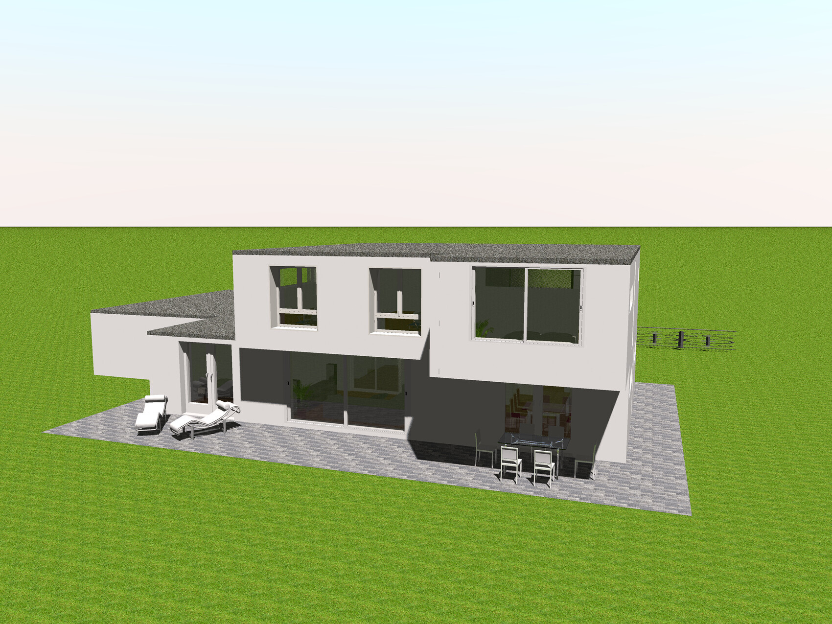 Moderne weiße Villa mit Flachdach, große Fensterfront, Terrasse mit Esstisch und Lounge-Möbeln.