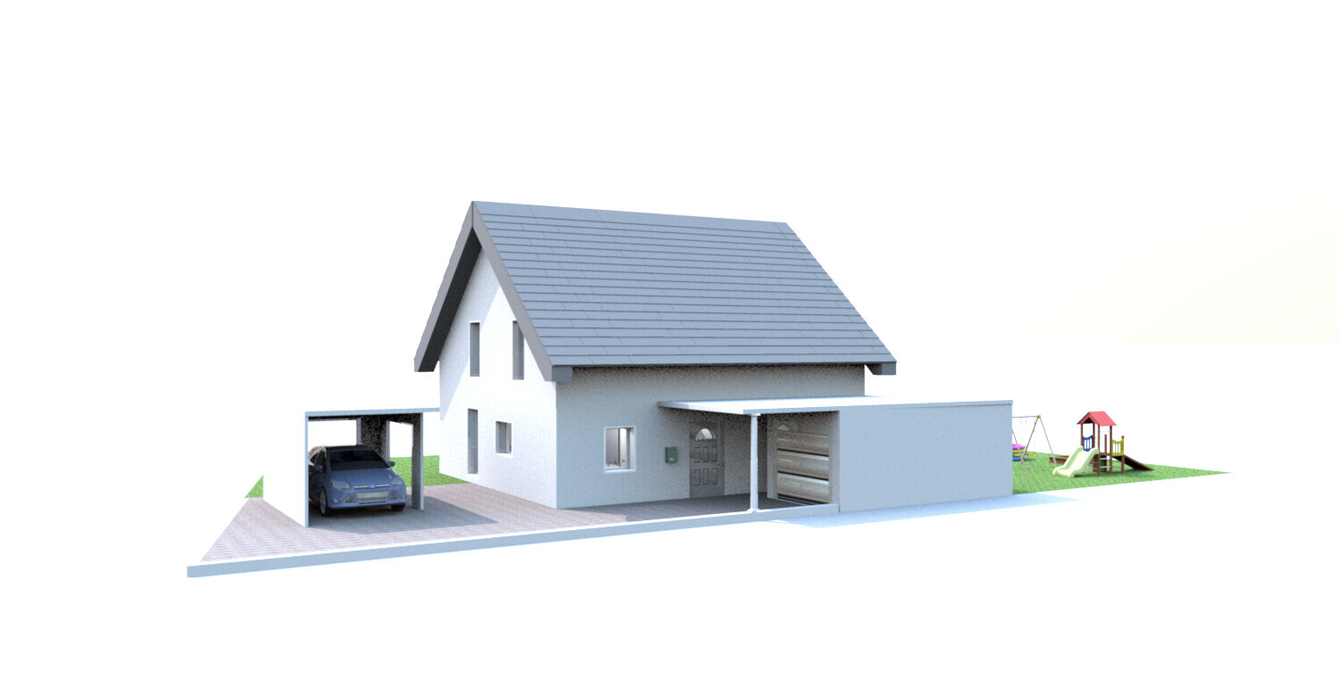 Modernes Haus mit Carport, Garage, Einfahrt und Spielplatz im Garten.
