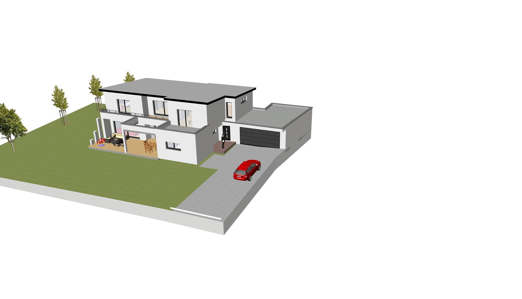Moderne zweistöckige Villa mit Garage, rotem Auto auf der Einfahrt, Terrasse und Garten.