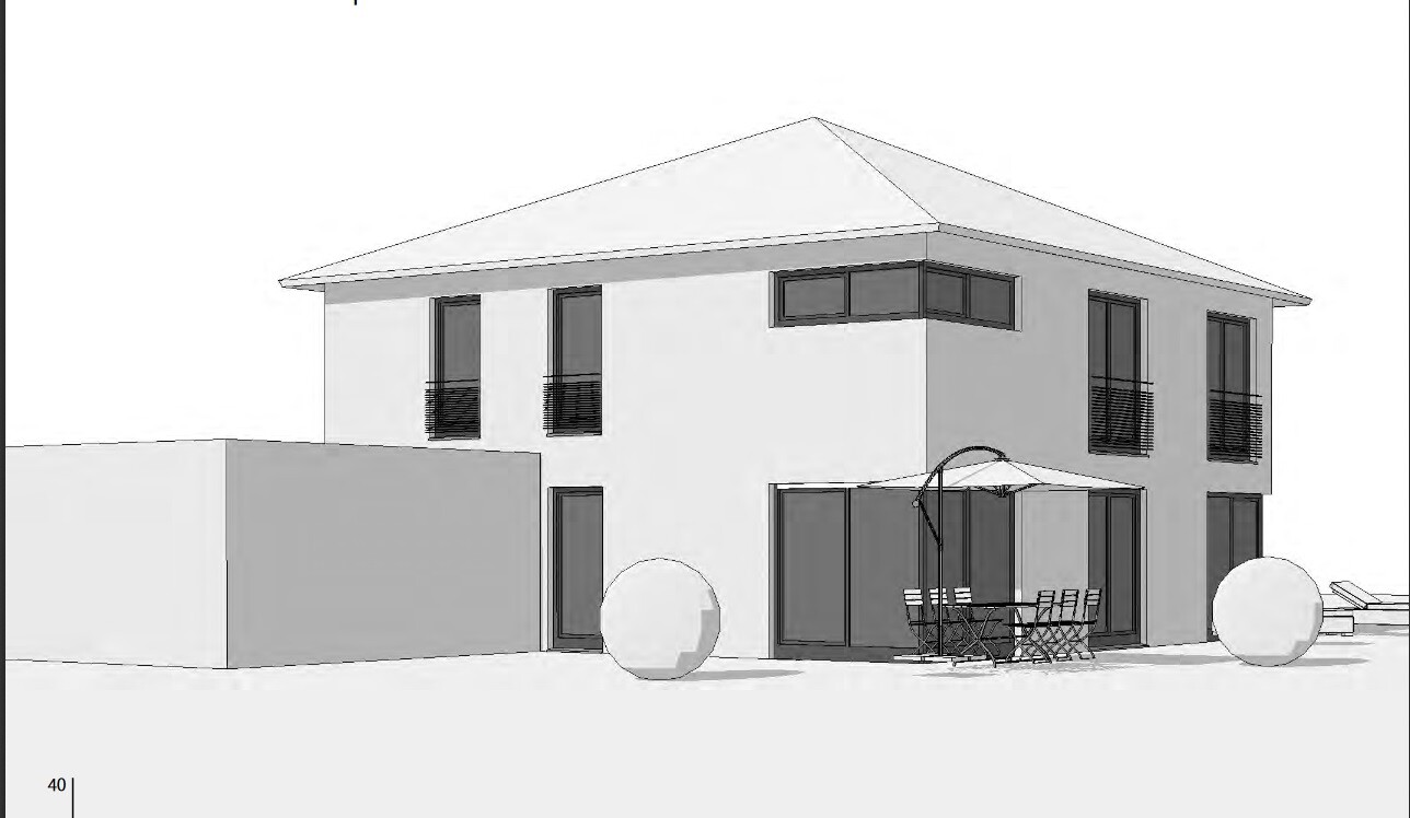 Moderne zweistöckige Villa mit Glasfronten, Terrasse mit Esstisch und Sonnenschirm.