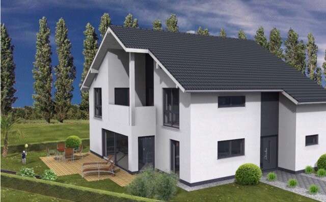 3D-Render einer modernen weißen Hausfassade mit dunklem Dach, Terrasse und Garten.