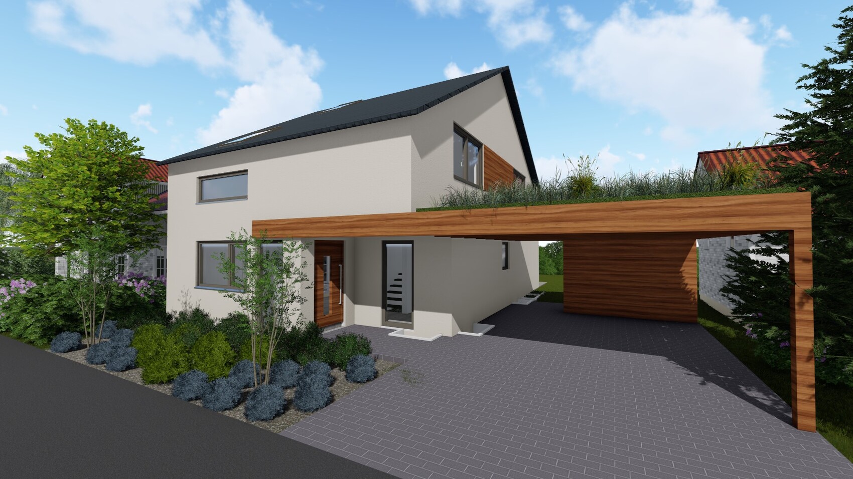 Modernes zweistöckiges Haus mit grauer Fassade, Holzelementen, Carport und gepflegtem Garten.